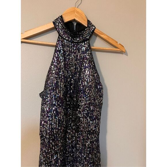 Betsy Adam Women's 4 Sequin Halter Evening Gown Black Metallic Glitz Glam Party - Picture 5 of 12